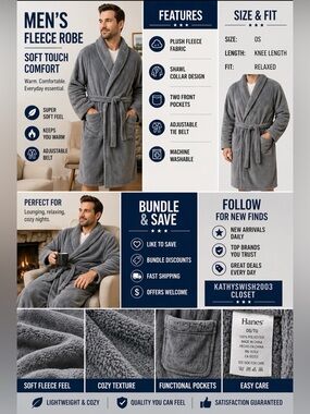 Hanes Soft Touch Mens Fleece Long Sleeve Knee Length Gray Plush Bathrobe